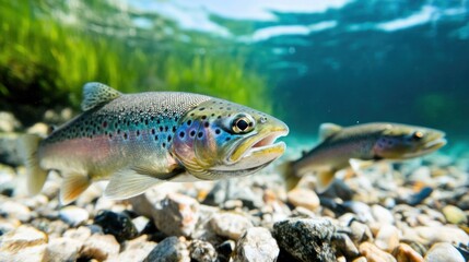 Fototapeta premium Trout swim gracefully close to the pebbles, showcasing vibrant colors against the clear water in a serene freshwater stream