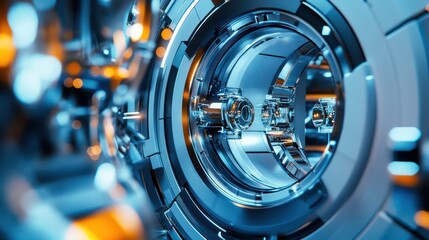 Futuristic machine interior, glowing details, factory background, tech illustration