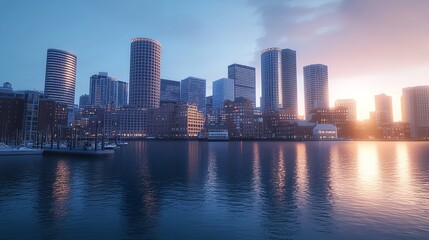 Fototapeta premium Sunset Cityscape Reflection: Urban Skyline Mirrored on Serene Water at Dusk