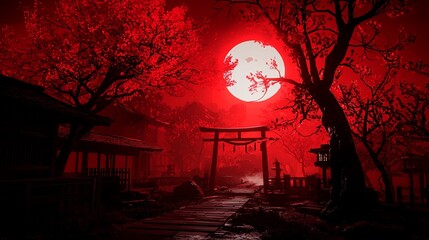 Blood red moon over Japanese village path.
