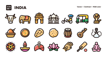 India illustration icon set.Simple vector outlines, clipart for graphic design.