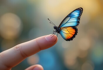 Obraz premium A vibrant butterfly gently resting on the tip of a woman's finger, with delicate wings in hues of blue and orange against a soft natural background 