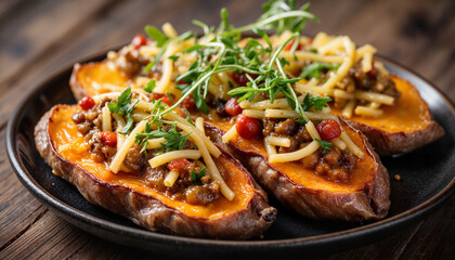 Stuffed sweet potatoes garnished with herbs on rustic table, culinary art
