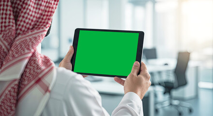 Arab man holding a tablet with a blank screen in his hand. With blurred office background.