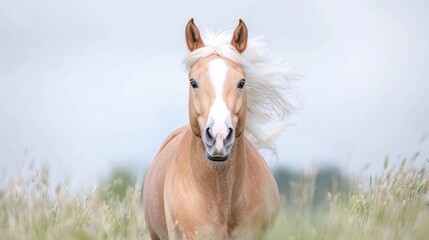 Fototapeta premium Palomino horse running field, windblown mane, summer