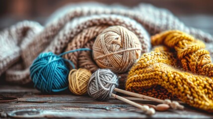 Soft yarn balls in various colors are arranged alongside wooden knitting needles, creating a tranquil atmosphere perfect for crafting
