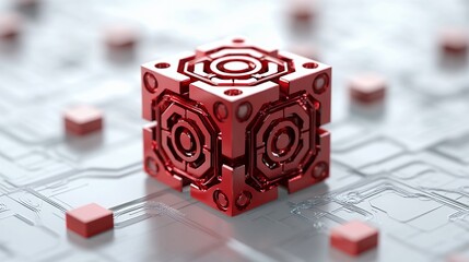 Red Geometric Cube on Circuit Board Technology Illustration