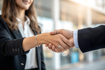 Business Woman Shaking Hands with A Man in the Office. Congratulations to Him on His Cooperation. Business Environment