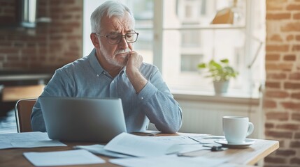 Retirement financial stress in a modern office. Featuring reflection and worry