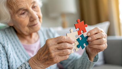 an elderly woman is trying to put together a puzzle, but she cannot put it together. concept of alzheimer's disease memory loss and dementia.