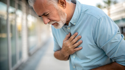 Man having heart attack holds hand over heart area