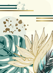 Tropical Botanical Wall Art with Gold Leaves and Monstera. Modern Abstract Nature Print, Elegant Green Foliage, Exotic Floral Poster, Minimalist Home Decor, Trendy Watercolor Illustration