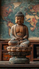 Fototapeta premium Antique Wooden Buddha Statue in Meditation Pose