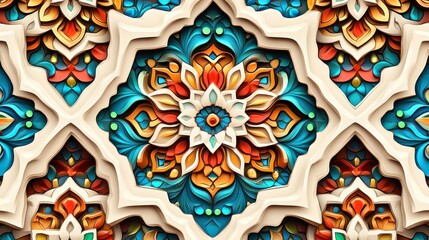 Colorful Intricate Floral Pattern Design with Blue and Orange Elements on Cream Background