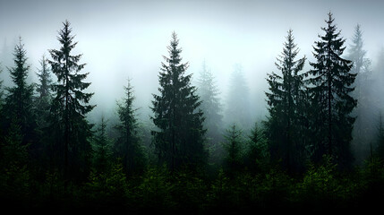 Dark Foggy Forest with Tall Pine Trees