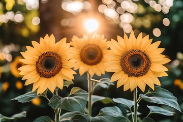 Fototapeta premium Three vibrant sunflowers basking in golden sunlight, surrounded by a lush garden, creating a serene atmosphere