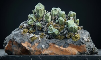 Green crystals on rock, dark background, geology study, mineral specimen