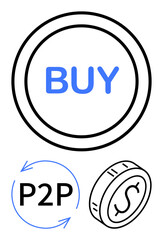 Buy button in bold text within a circle, P2P arrows forming a cycle, and a coin icon. Ideal for e-commerce, trading, transactions, finance apps, digital currency, fintech abstract line flat metaphor