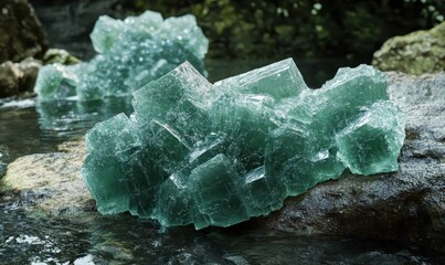 Obraz premium Green crystals on rocks in stream, nature background, geology image
