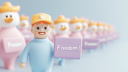 Smiling Boy Holding Freedom Sign Surrounded by Cartoon Ducks in 3D Render