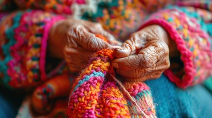Close-up of a grandmother's hands knitting a vibrant sweater, showcasing her skilled craftsmanship and warmth in a sunny living space