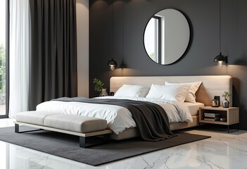 Fototapeta premium Design Your Dream Bedroom: Build a Minimalist Space with a Contemporary Vibe, Featuring Whitewashed Furniture, a White Marble Floor, and Dark Matte Details.
