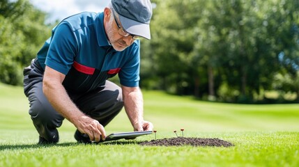 Greenkeeper inspects and cares for the golf course grass in a lush, tranquil environment during a sunny day