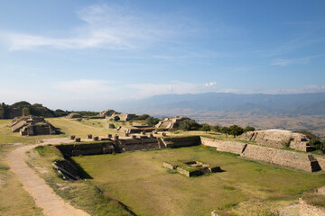 Patio hundido at the ancient archaeological ruins of Monte Alban in the Oaxaca region of Mexico....