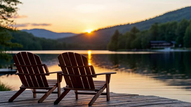 Two wooden Adirondack chairs on a dock overlooking a calm lake at sunset, surrounded by lush greenery and mountains, evoking tranquility
