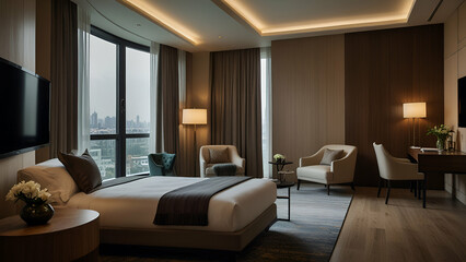 Fototapeta premium Luxurious Hotel Room with a Large Bed Modern Furniture and a Panoramic City View for a Comfortable Stay