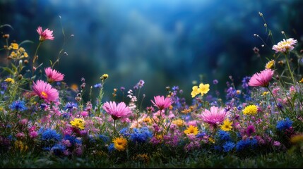Obraz premium Vibrant wildflowers in a meadow at dusk. Possible use Nature wallpaper
