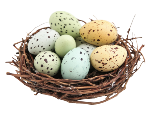 Speckled Bird Eggs Nestled in a Rustic Woven Bird Nest