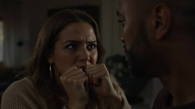 Angry, woman and fight with partner in home for problem, breakup conflict and toxic relationship. Divorce, anger and frustrated couple shouting to blame for cheating, drama and argument of affair