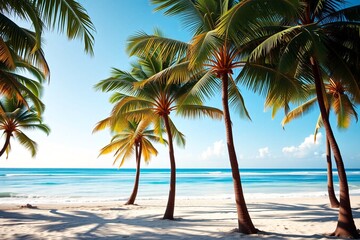tropical paradise with palm trees on a pristine beach during bright daylight