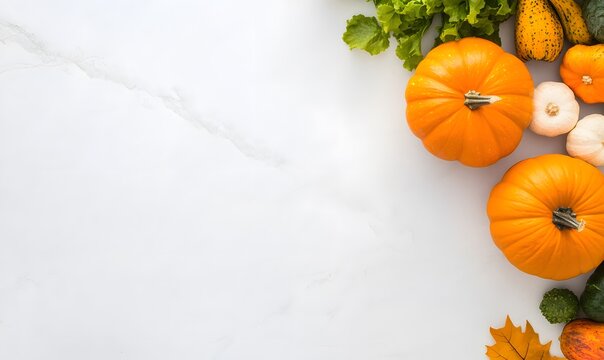 Composition of fall orange pumpkins and other vegetables on a light background, Generative AI