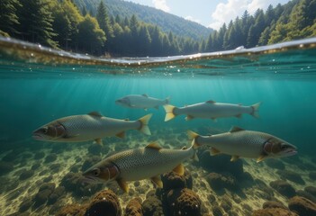 Trout swimming in a crystal clear alpine lake on a sunny day