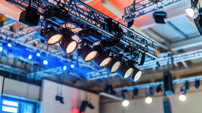 Bright stage lights are arranged overhead in a contemporary space, preparing for an upcoming performance or event, showcasing artistic design