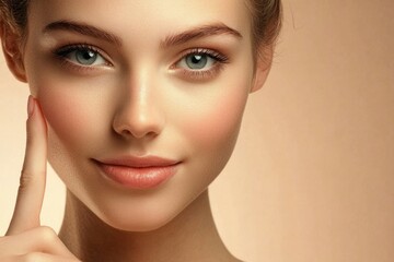Fototapeta premium Beautiful young woman with clean fresh skin on beige background, Face care, Facial treatment, Cosmetology, beauty and spa, women portrait