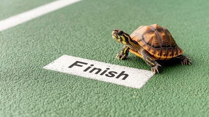 A determined turtle reaching the finish line in a playful race on a green track.