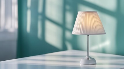 Obraz premium A simple lamp on a white table, reflection on the glass.