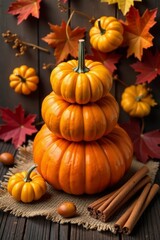 Stacked pumpkins, cinnamon sticks, acorns, burlap, fall foliage, overhead view , texture, brown