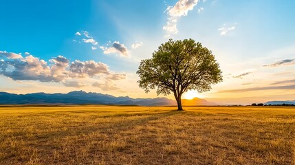 Fototapeta premium Solitary Tree Silhouette Sunset Golden Field