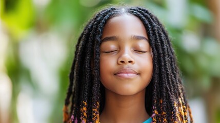 African American girl with closed eyes, as if in meditation, space for inscription on top. 