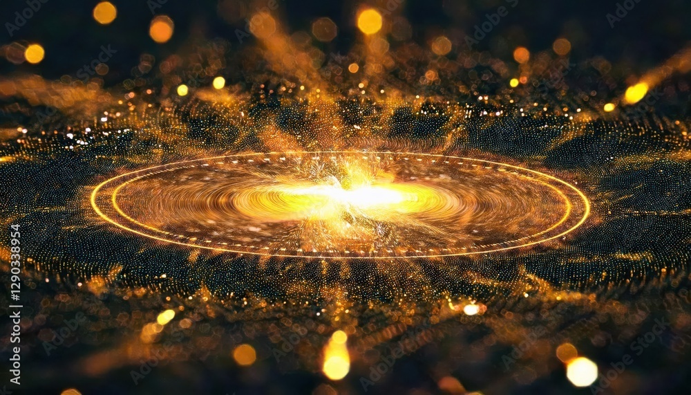 Poster cosmic energy explosion with golden particles, futuristic glowing nebula with abstract space time wa