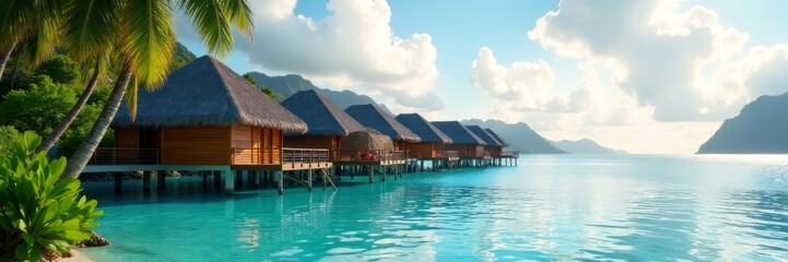 Overwater bungalows hinted behind swaying palms, Bora Bora, idyllic, bungalows