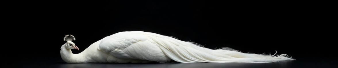 Fototapeta premium Elegant white peacock rests serenely against stark black backdrop, white bird, graphic design, elegant
