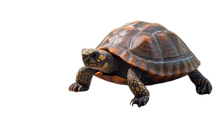 Obraz premium A small land turtle with a hard, brown shell covered in intricate patterns, walking slowly on the ground, isolated on a transparent background.