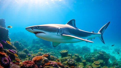 Fototapeta premium White Shark Swimming Through Vibrant Coral Reef in Blue Ocean – Underwater Marine Wildlife Adventure