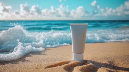 A sunscreen tube sits on a sandy beach near ocean waves
