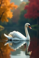 Fototapeta premium Single white swan on tranquil autumn lake, surrounded by colorful foliage, photography, foliage